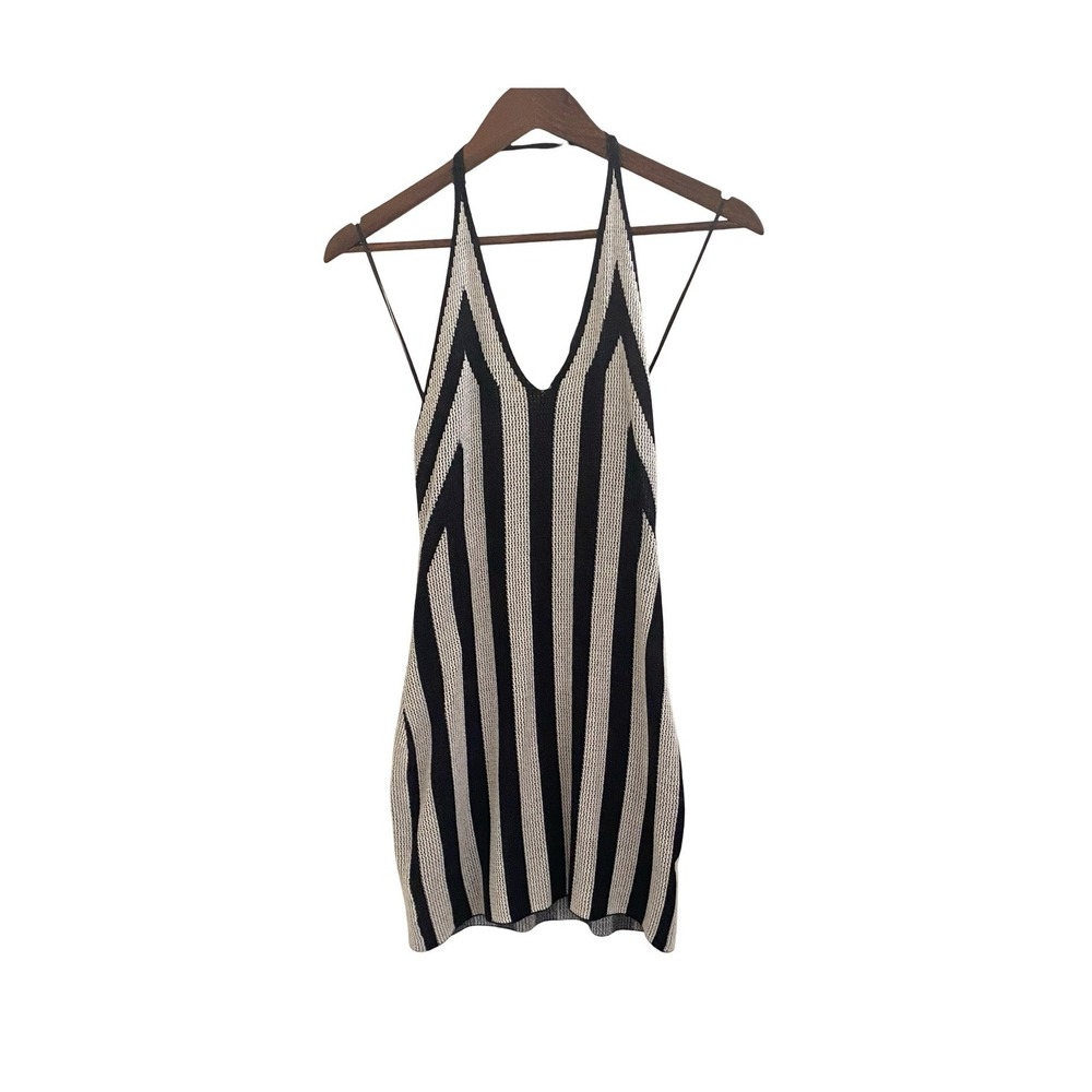 12th Tribe Knit Halter Mini Dress Small Black Cream Striped Open Back Boho